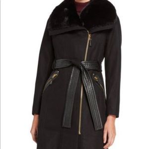 Via Spiga long black coat with fur trim